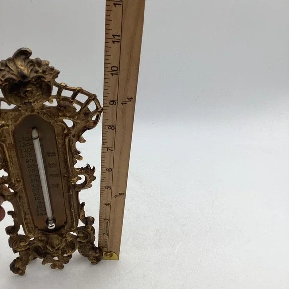 Antique Gilt Brass Cherub Desk Wall Thermometer Ornate Victorian - Picture 9 of 9